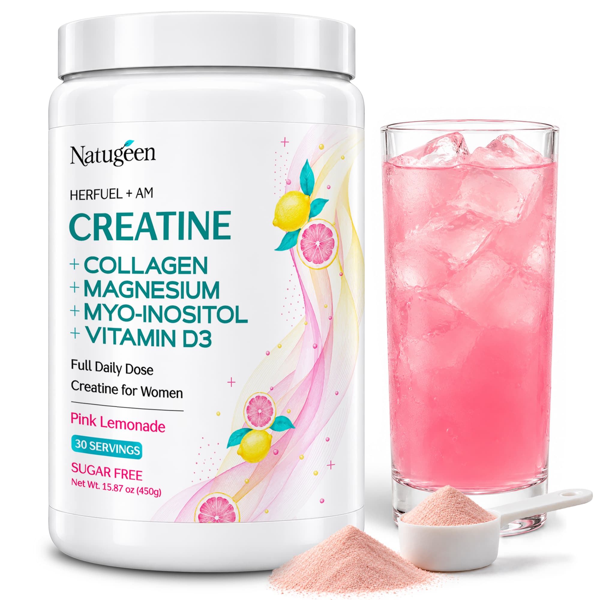 NATUGEEN HerFuel AM tub with a glass of pink lemonade drink and a scoop of powder