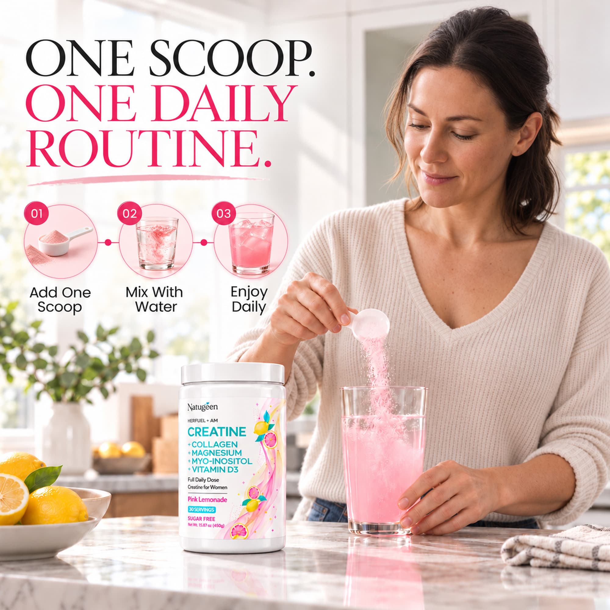 Woman adding a scoop of HerFuel AM powder to a glass of water: add one scoop, mix with water, enjoy daily