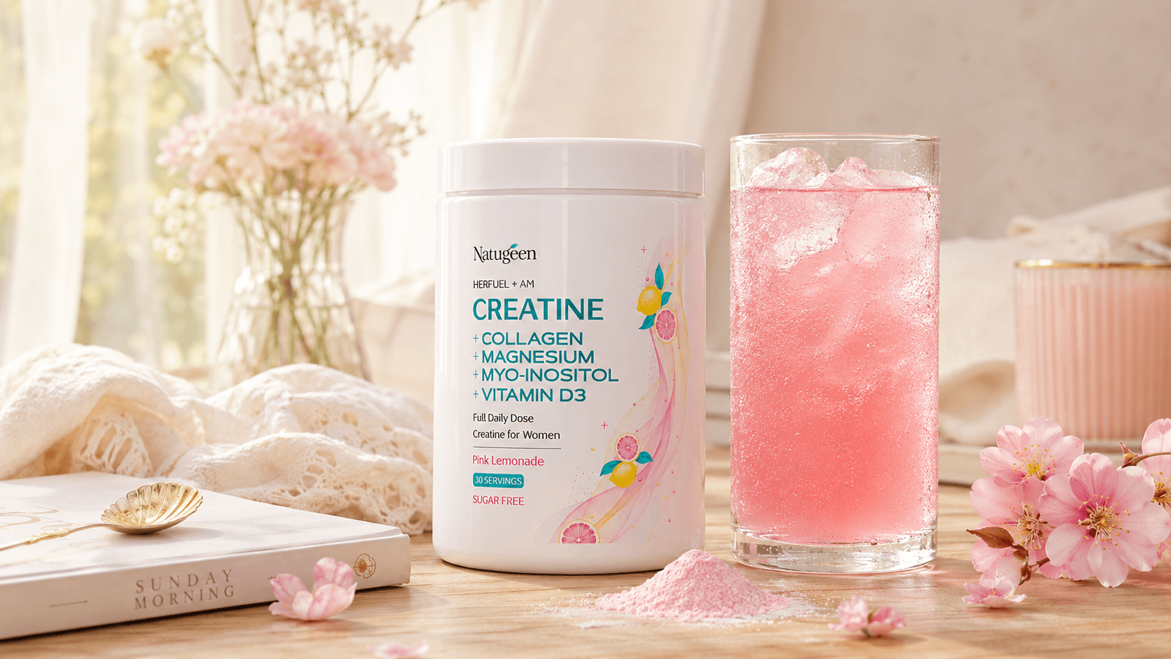 HerFuel AM tub beside a glass of iced pink lemonade, a book and spring blossoms on a sunny table